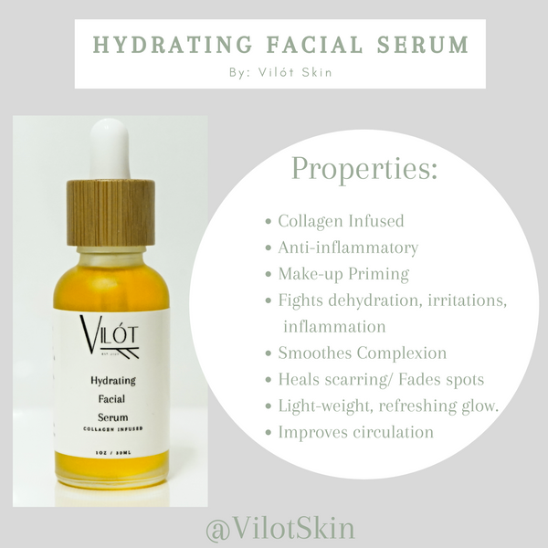 Vilót's Hydrating facial Serum is like a daily multi-vitamin for the skin. The serum is infused in herbs for several weeks, its antioxidant properties and role in promoting collagen production make infusing a crucial part of the blends process. This potent blend and collagen serum helps brighten, heal and firm the skin as it delivers all-day hydration & a radiant Glow.